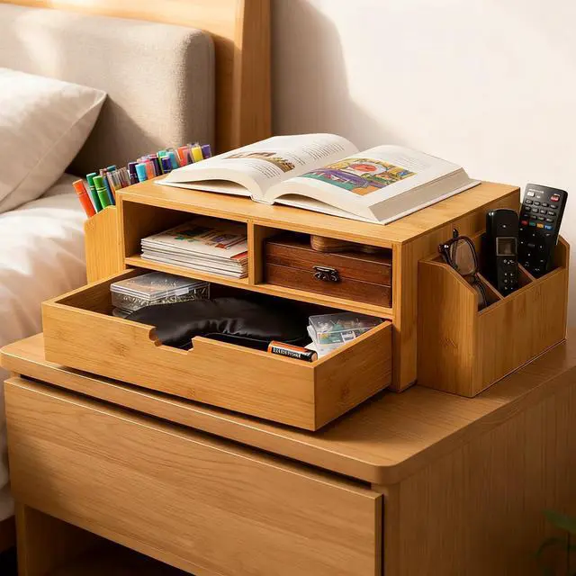 Alt view image 7 of 7 - 2 Tier Bamboo Desktop Organizer, Desk Monitor Stand Riser with 1 Drawer and 2 Pen Holder, 2 Compartment Computer Desk Storage Organizer for Laptop, Printer