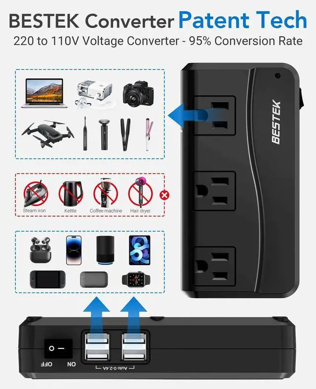 Alt view image 2 of 7 - Universal Travel Adapter 220V to 110V Voltage Converter with 6A 4-Port USB Charging and UK/AU/US/EU Worldwide Plug Adapter (Black)