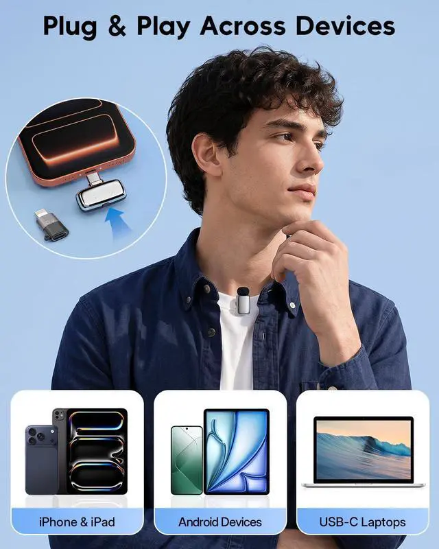 Alt view image 6 of 7 - Mini Wireless Lavalier Microphone for iPhone iPad Android, Dual Channel Wireless Microphones with Noise Cancellation, Mute & Volume Control, 33H Battery Case, USB-C & Lightning Plug & Play