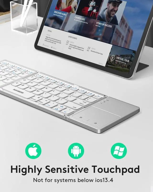 Alt view image 2 of 7 - Foldable Bluetooth Keyboard with Touchpad - Portable Wireless Keyboard with Holder, Rechargeable Full Size Ultra Slim Pocket Folding Keyboards for Android Windows iOS Tablet & Laptop - Silver