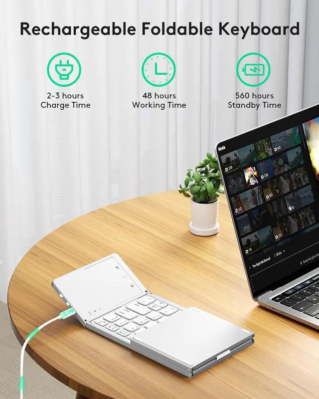 Alt view image 3 of 7 - Foldable Bluetooth Keyboard with Touchpad - Portable Wireless Keyboard with Holder, Rechargeable Full Size Ultra Slim Pocket Folding Keyboards for Android Windows iOS Tablet & Laptop - Silver