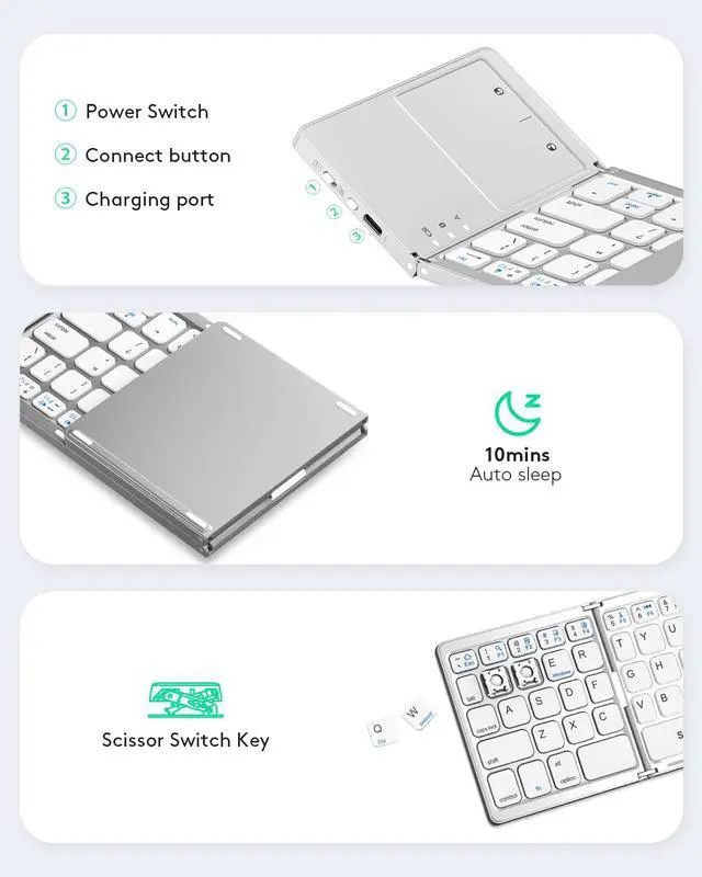 Alt view image 6 of 7 - Foldable Bluetooth Keyboard with Touchpad - Portable Wireless Keyboard with Holder, Rechargeable Full Size Ultra Slim Pocket Folding Keyboards for Android Windows iOS Tablet & Laptop - Silver