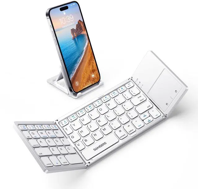Main image of Foldable Bluetooth Keyboard with Touchpad - Portable Wireless Keyboard with Holder, Rechargeable Full Size Ultra Slim Pocket Folding Keyboards for Android Windows iOS Tablet & Laptop - Silver