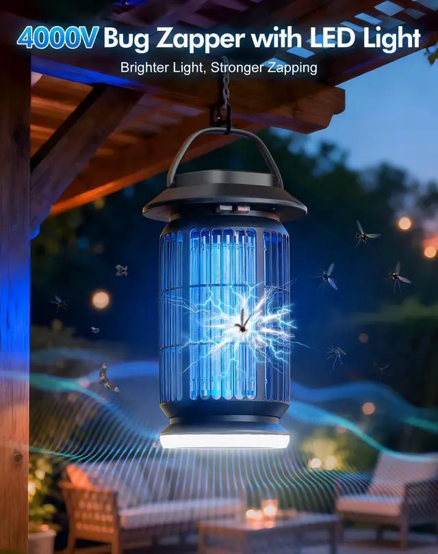 Alt view image 2 of 7 - Bug Zapper Outdoor, 4000V Electric Mosquito Zapper, Fly Killer with Built-in Night Light, Insect Fly Trapper with Waterproof ABS Shell for Home, Patio & Garden, Indoor/Outdoor Use, Black
