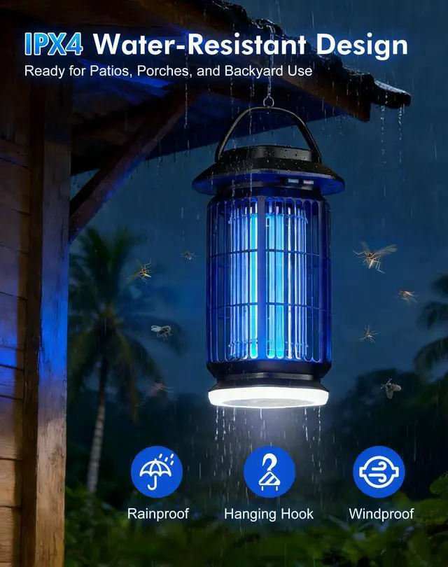 Alt view image 6 of 7 - Bug Zapper Outdoor, 4000V Electric Mosquito Zapper, Fly Killer with Built-in Night Light, Insect Fly Trapper with Waterproof ABS Shell for Home, Patio & Garden, Indoor/Outdoor Use, Black