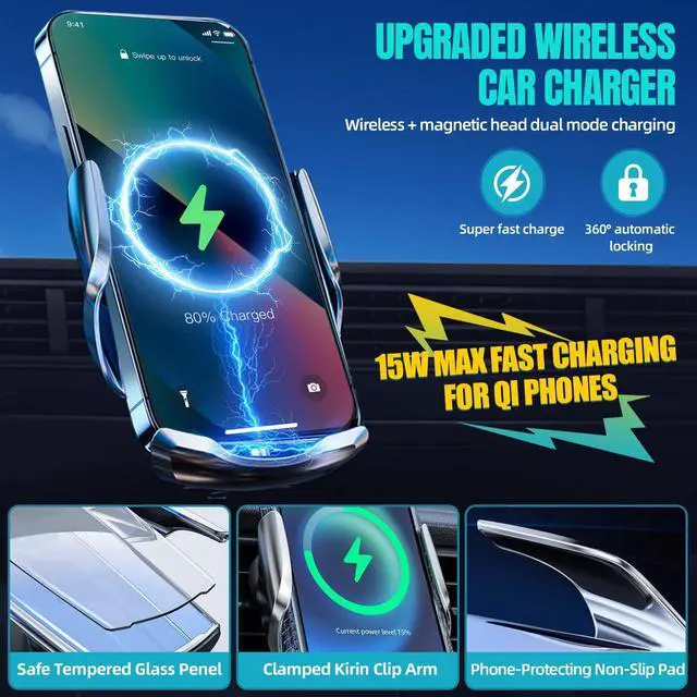 Alt view image 2 of 7 - Wireless Car Charger, MAX 15W Fast Charging Auto Clamping, Sensing Phone Holder Mount, fit for iPhone 16 15 14 13 12 Pro Max Xs X, Samsung Galaxy S24 Ultra S23 S22 S21 S20 Note20 (1-Silver)