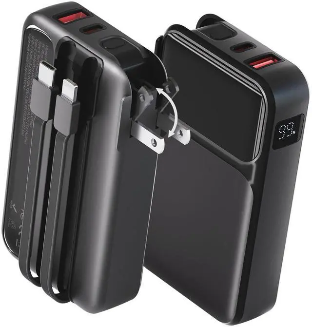 Main image of Portable Charger with Wall Plug, 38800mAh Power Bank 22.5W Fast Charging, Built-in Lightning & USB-C Cables, Plug in Portable Charger for Android Samsung iPhone, 4-in-1 Travel Charger