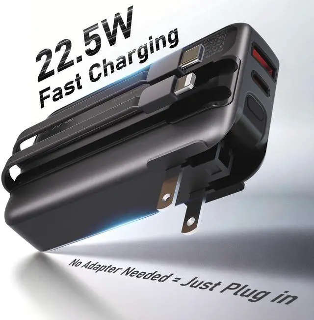 Alt view image 2 of 7 - Portable Charger with Wall Plug, 38800mAh Power Bank 22.5W Fast Charging, Built-in Lightning & USB-C Cables, Plug in Portable Charger for Android Samsung iPhone, 4-in-1 Travel Charger