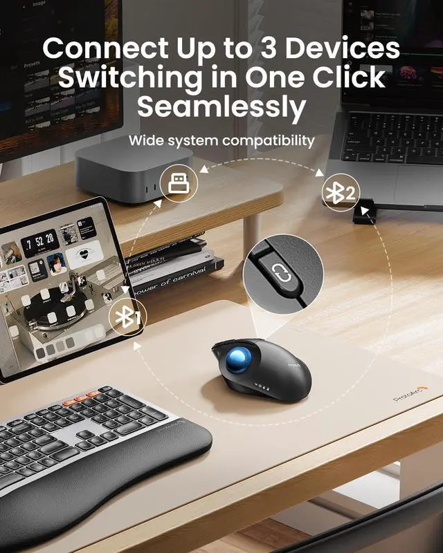 Alt view image 5 of 7 - Wireless Bluetooth Trackball Mouse, EM02 Two Adjustable Angle Ergonomic Rechargeable Computer Ball Mouse, 3 Device Connection, Thumb Control and Smooth Tracking for Laptop, PC, Mac-Blue