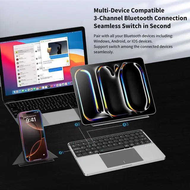 Alt view image 2 of 7 - Ultra-Thin Rechargeable Foldable Bluetooth Keyboard with Touchpad Sync up to 3 Devices, Folding Portable Wireless Keyboard with Protective Holster Holder for iPad Tablet Smartphone and Laptop