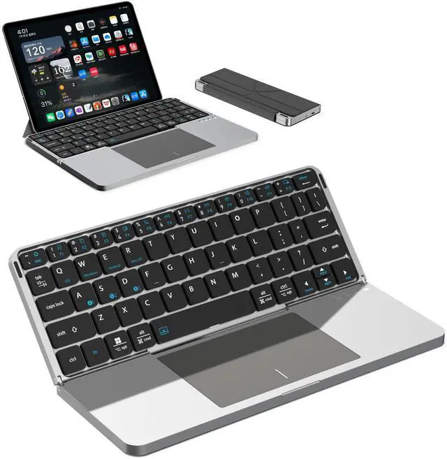 Main image of Ultra-Thin Rechargeable Foldable Bluetooth Keyboard with Touchpad Sync up to 3 Devices, Folding Portable Wireless Keyboard with Protective Holster Holder for iPad Tablet Smartphone and Laptop