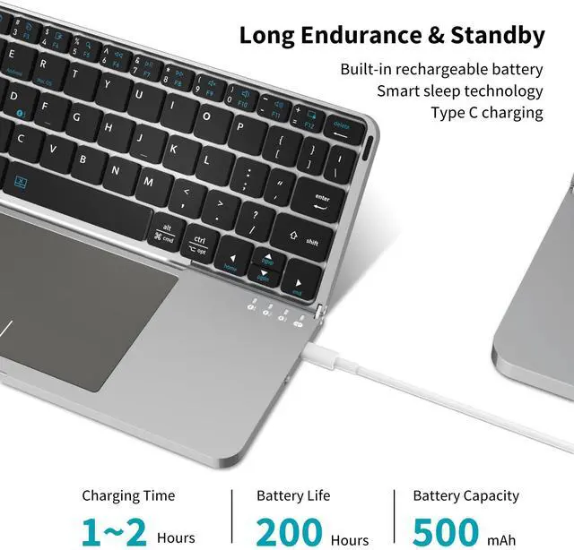 Alt view image 4 of 7 - Ultra-Thin Rechargeable Foldable Bluetooth Keyboard with Touchpad Sync up to 3 Devices, Folding Portable Wireless Keyboard with Protective Holster Holder for iPad Tablet Smartphone and Laptop