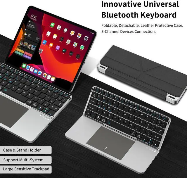 Alt view image 3 of 7 - Ultra-Thin Rechargeable Foldable Bluetooth Keyboard with Touchpad Sync up to 3 Devices, Folding Portable Wireless Keyboard with Protective Holster Holder for iPad Tablet Smartphone and Laptop
