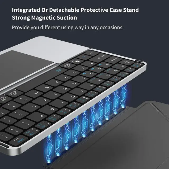 Alt view image 6 of 7 - Ultra-Thin Rechargeable Foldable Bluetooth Keyboard with Touchpad Sync up to 3 Devices, Folding Portable Wireless Keyboard with Protective Holster Holder for iPad Tablet Smartphone and Laptop