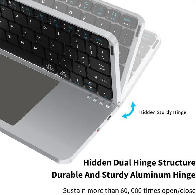 Alt view image 7 of 7 - Ultra-Thin Rechargeable Foldable Bluetooth Keyboard with Touchpad Sync up to 3 Devices, Folding Portable Wireless Keyboard with Protective Holster Holder for iPad Tablet Smartphone and Laptop