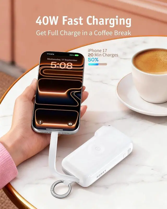 Alt view image 4 of 7 - Flow Portable Charger, 10000mAh 40W Fast Charging Power Bank with Built-in USB C Cable and Foldable Wall Plug, Battery Pack Travel Essentials for iPhone 17/16/15, Apple Watch, iPad, MacBook