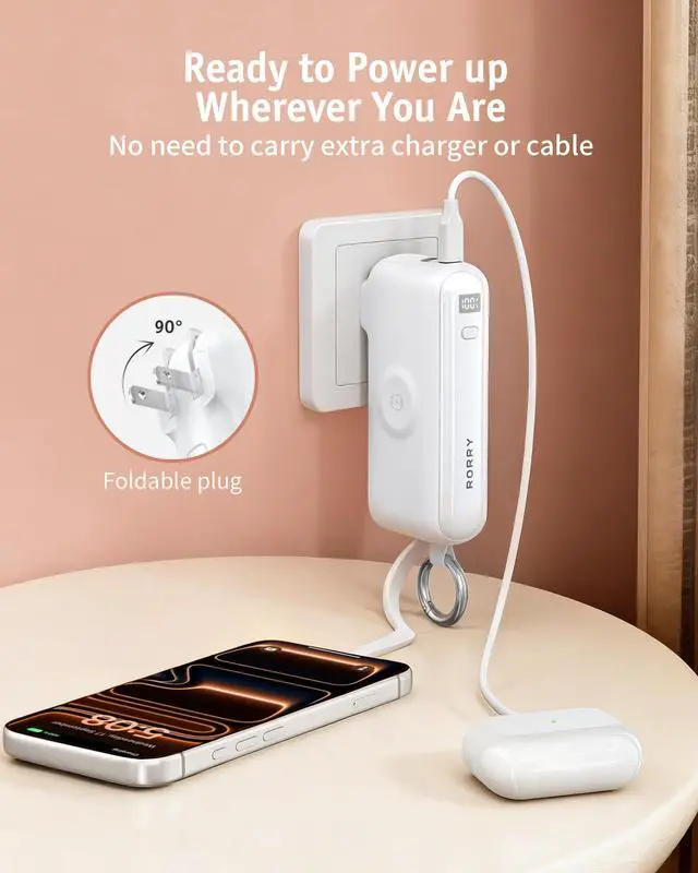 Alt view image 6 of 7 - Flow Portable Charger, 10000mAh 40W Fast Charging Power Bank with Built-in USB C Cable and Foldable Wall Plug, Battery Pack Travel Essentials for iPhone 17/16/15, Apple Watch, iPad, MacBook