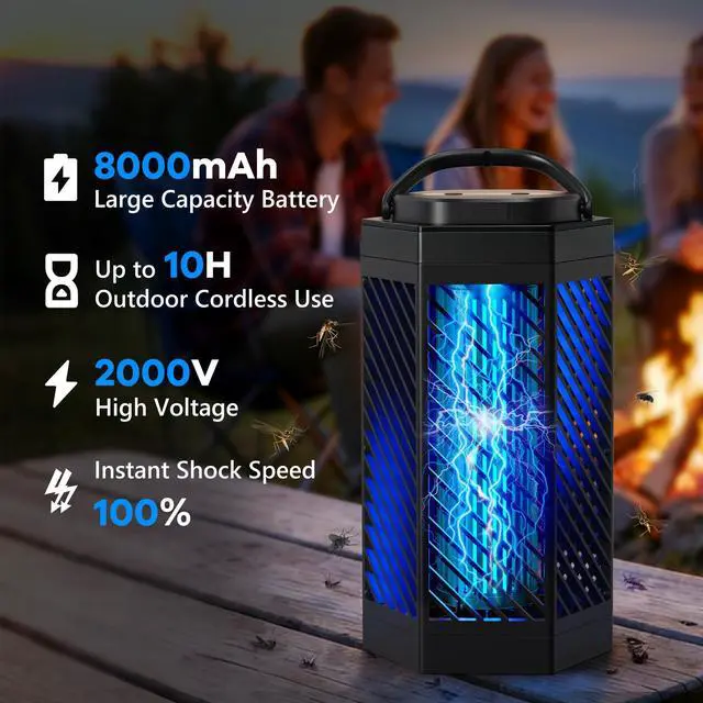 Alt view image 2 of 7 - Bug Zapper Outdoor Indoor, 2 in 1 Rechargeable Mosquito Zapper with 8000mAh Battery and LED Light, USB Charging Electric Fly Zapper, Portable Fly Trap Mosquito Killer for Patio Backyard, Garden