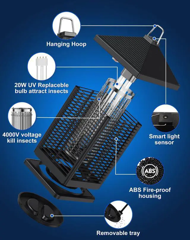 Alt view image 4 of 7 - 4000V Electric Bug Zapper Outdoor Indoor with Auto Smart Light Sensor RATOGE Mosquito Zapper IPX4 Waterproof, Mosquito Killer, Insect Fly Trap Covers 2100 sq ft for Patio, Garage, Backyard, Porch