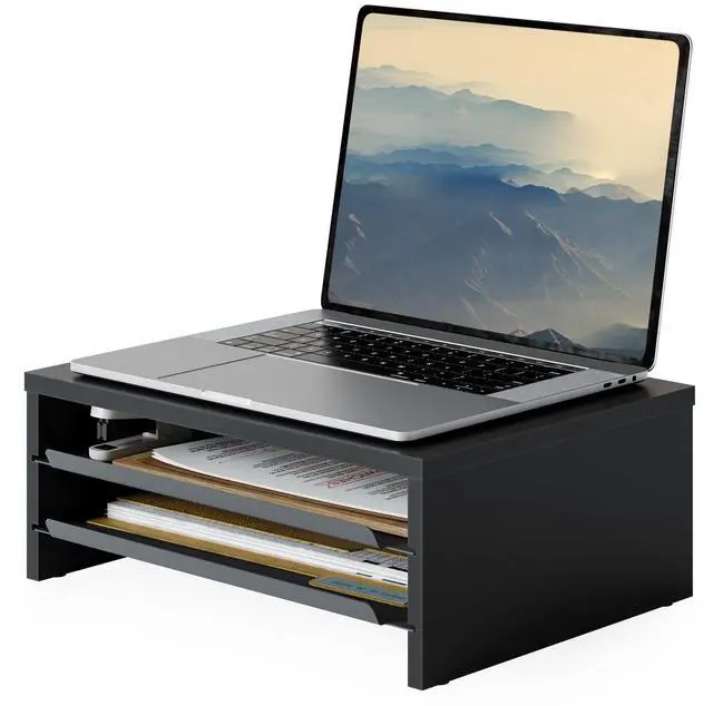 Main image of Monitor Stand, 3-Tier Monitor Riser with Slide-Out Tray, Wooden and Metal Desktop Organizer for Home Office, Computer, Laptop, Printer, Telephone
