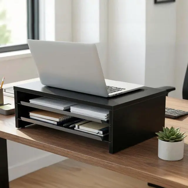 Alt view image 2 of 7 - Monitor Stand, 3-Tier Monitor Riser with Slide-Out Tray, Wooden and Metal Desktop Organizer for Home Office, Computer, Laptop, Printer, Telephone