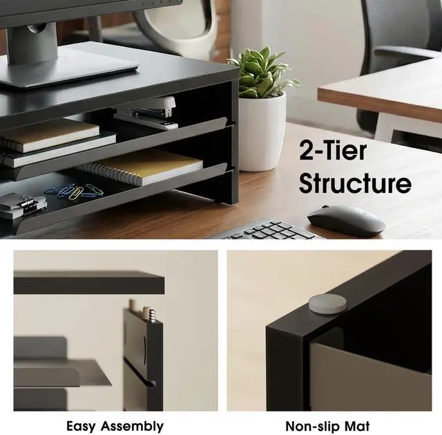 Alt view image 3 of 7 - Monitor Stand, 3-Tier Monitor Riser with Slide-Out Tray, Wooden and Metal Desktop Organizer for Home Office, Computer, Laptop, Printer, Telephone