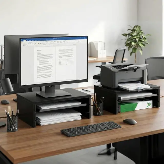 Alt view image 7 of 7 - Monitor Stand, 3-Tier Monitor Riser with Slide-Out Tray, Wooden and Metal Desktop Organizer for Home Office, Computer, Laptop, Printer, Telephone