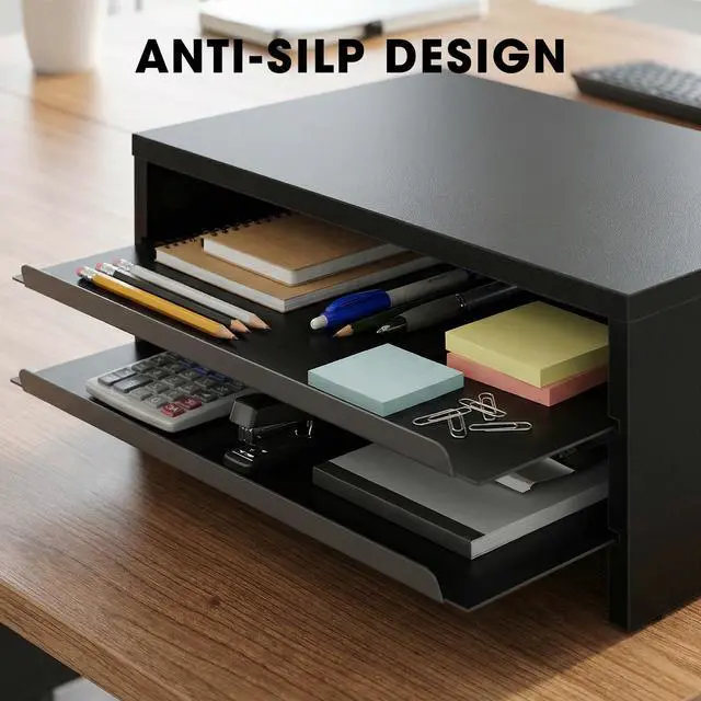 Alt view image 4 of 7 - Monitor Stand, 3-Tier Monitor Riser with Slide-Out Tray, Wooden and Metal Desktop Organizer for Home Office, Computer, Laptop, Printer, Telephone
