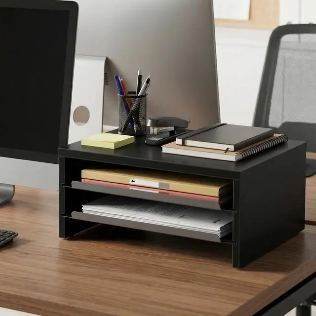 Alt view image 6 of 7 - Monitor Stand, 3-Tier Monitor Riser with Slide-Out Tray, Wooden and Metal Desktop Organizer for Home Office, Computer, Laptop, Printer, Telephone