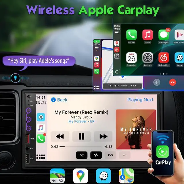 Alt view image 2 of 7 - 7" Double Din Car Stereo with Wireless CarPlay & Android Auto, Built-in DSP Exclusive, 240W Hi-Power Audio, Full View Touchscreen, Bluetooth 5.3, FM/AM Radio, Steering Wheel Control, Auto Backup Cam
