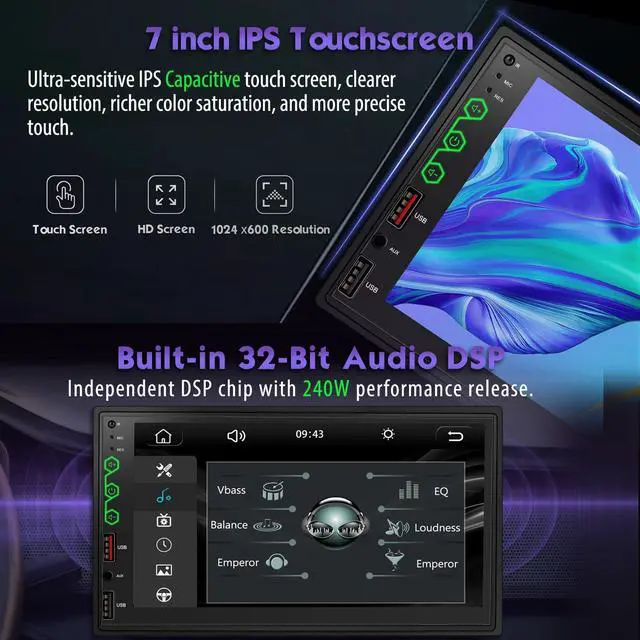 Alt view image 5 of 7 - 7" Double Din Car Stereo with Wireless CarPlay & Android Auto, Built-in DSP Exclusive, 240W Hi-Power Audio, Full View Touchscreen, Bluetooth 5.3, FM/AM Radio, Steering Wheel Control, Auto Backup Cam