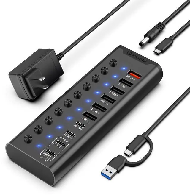 Main image of Powered USB Hub, 10-Port USB C Hub with 5*USB-A 3.2 and 2*USB-C 3.2 Ports, BC1.2&2*PD 45W Charging Ports Individual Switches and 24V/3A Power Adapter, USB Extension for PC and More(Black).