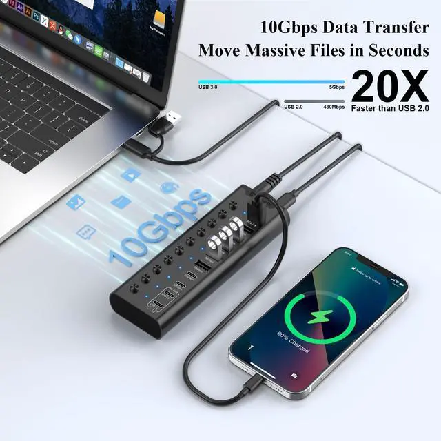 Alt view image 3 of 7 - Powered USB Hub, 10-Port USB C Hub with 5*USB-A 3.2 and 2*USB-C 3.2 Ports, BC1.2&2*PD 45W Charging Ports Individual Switches and 24V/3A Power Adapter, USB Extension for PC and More(Black).