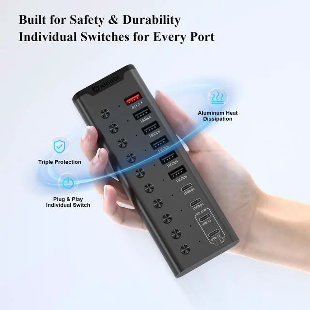 Alt view image 7 of 7 - Powered USB Hub, 10-Port USB C Hub with 5*USB-A 3.2 and 2*USB-C 3.2 Ports, BC1.2&2*PD 45W Charging Ports Individual Switches and 24V/3A Power Adapter, USB Extension for PC and More(Black).