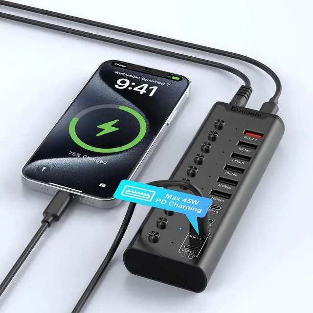 Alt view image 5 of 7 - Powered USB Hub, 10-Port USB C Hub with 5*USB-A 3.2 and 2*USB-C 3.2 Ports, BC1.2&2*PD 45W Charging Ports Individual Switches and 24V/3A Power Adapter, USB Extension for PC and More(Black).