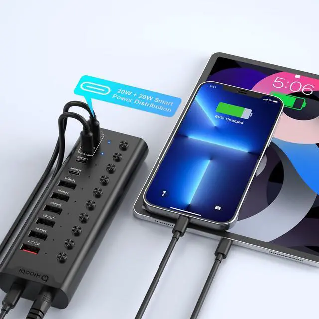 Alt view image 6 of 7 - Powered USB Hub, 10-Port USB C Hub with 5*USB-A 3.2 and 2*USB-C 3.2 Ports, BC1.2&2*PD 45W Charging Ports Individual Switches and 24V/3A Power Adapter, USB Extension for PC and More(Black).