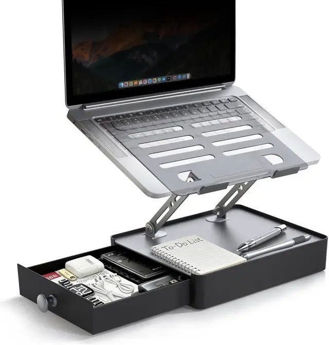 Main image of Laptop Stand with Storage Drawer, Heavy-Duty Metal Laptop Riser for Desk, Ergonomic Height & Angle Adjustment for 1016.2 Laptops, Gray