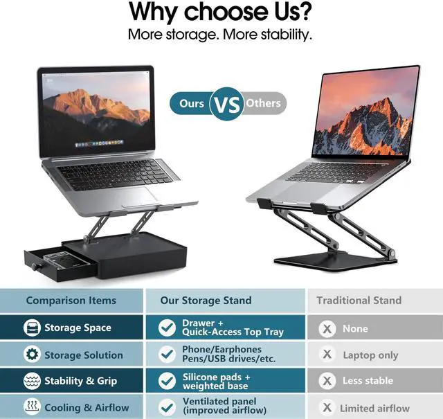 Alt view image 5 of 7 - Laptop Stand with Storage Drawer, Heavy-Duty Metal Laptop Riser for Desk, Ergonomic Height & Angle Adjustment for 1016.2 Laptops, Gray