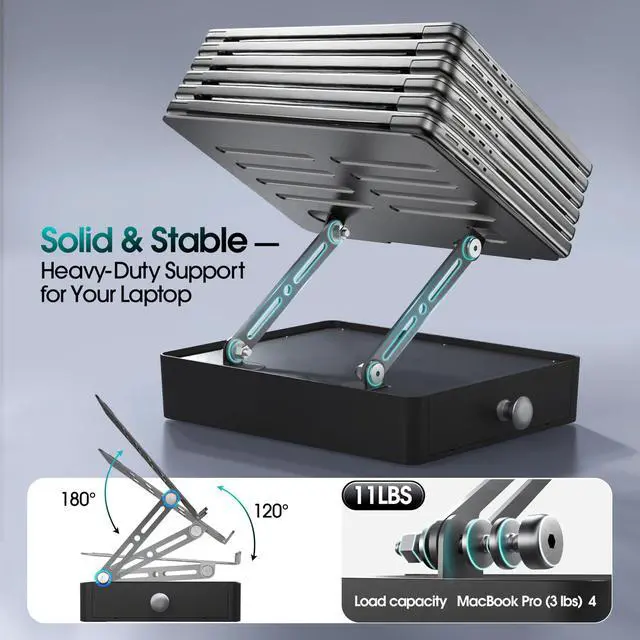 Alt view image 6 of 7 - Laptop Stand with Storage Drawer, Heavy-Duty Metal Laptop Riser for Desk, Ergonomic Height & Angle Adjustment for 1016.2 Laptops, Gray