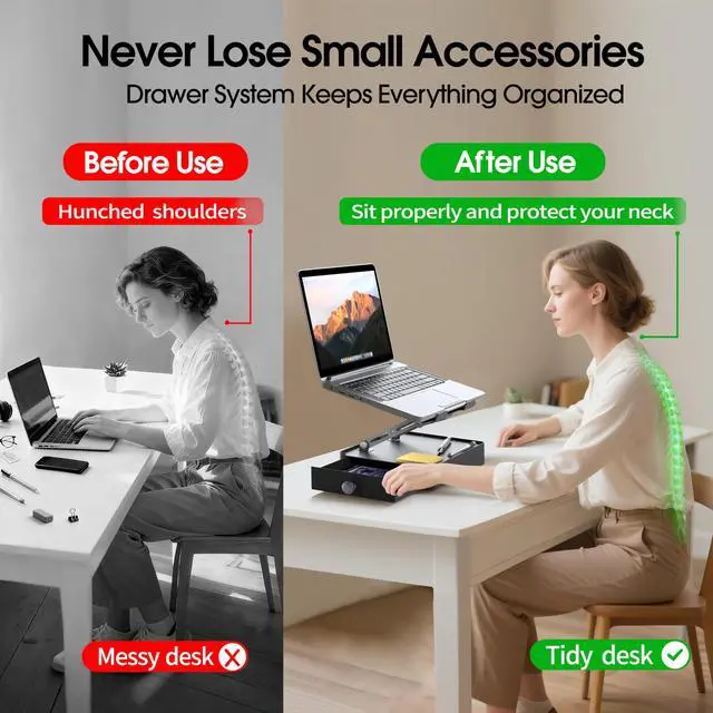 Alt view image 2 of 7 - Laptop Stand with Storage Drawer, Heavy-Duty Metal Laptop Riser for Desk, Ergonomic Height & Angle Adjustment for 1016.2 Laptops, Gray