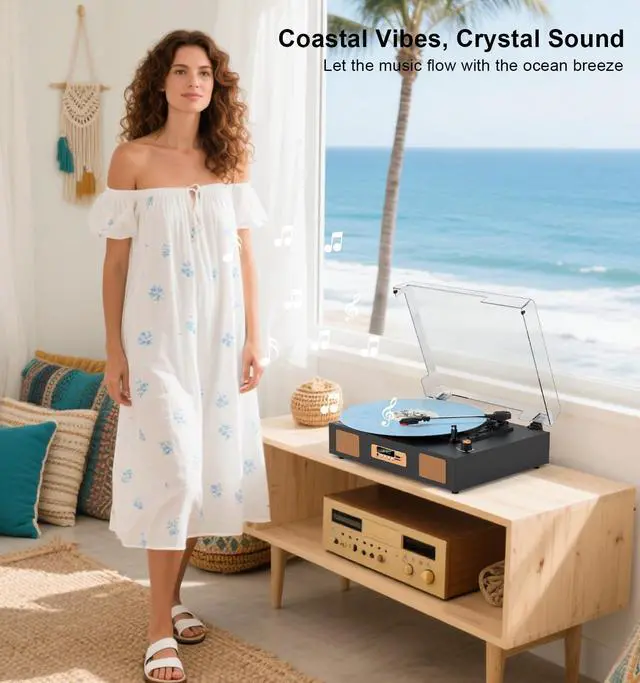 Alt view image 2 of 7 - Vintage Vinyl Record Player, 3-Speed Turntable with Bluetooth, USB/SD Recording, Built-in Stereo Speakers, RCA Output, Digital Display Black & Gold