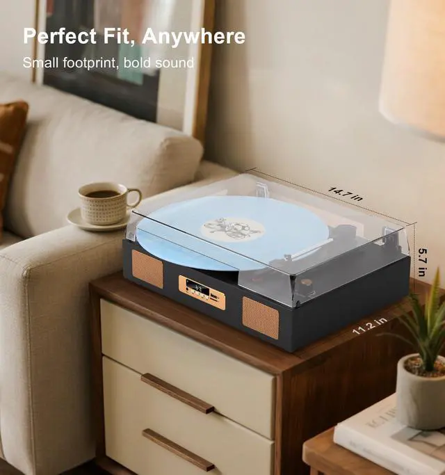 Alt view image 3 of 7 - Vintage Vinyl Record Player, 3-Speed Turntable with Bluetooth, USB/SD Recording, Built-in Stereo Speakers, RCA Output, Digital Display Black & Gold