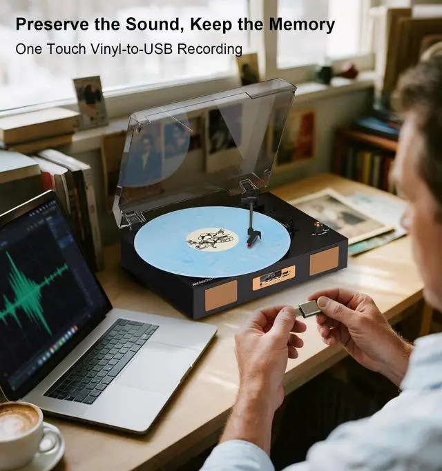 Alt view image 5 of 7 - Vintage Vinyl Record Player, 3-Speed Turntable with Bluetooth, USB/SD Recording, Built-in Stereo Speakers, RCA Output, Digital Display Black & Gold