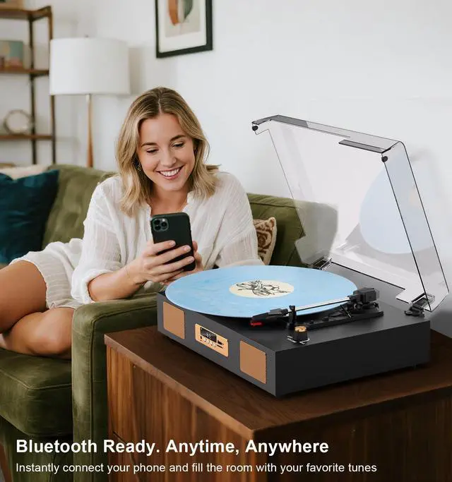 Alt view image 6 of 7 - Vintage Vinyl Record Player, 3-Speed Turntable with Bluetooth, USB/SD Recording, Built-in Stereo Speakers, RCA Output, Digital Display Black & Gold