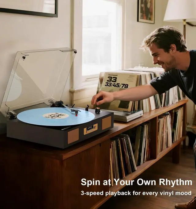 Alt view image 7 of 7 - Vintage Vinyl Record Player, 3-Speed Turntable with Bluetooth, USB/SD Recording, Built-in Stereo Speakers, RCA Output, Digital Display Black & Gold
