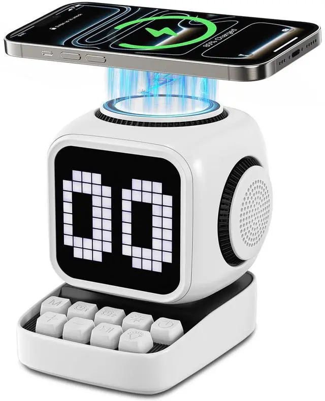 Main image of Retro Robot 5-in-1 Bluetooth Speaker: 15W Wireless Charger, Pixel LED Screen, 10W Stereo Sound & 15 White Noise, Alarm Clock, Cute Portable Wireless Speaker for Bedroom Desk Office, Birthday Gifts