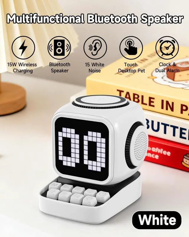 Alt view image 2 of 7 - Retro Robot 5-in-1 Bluetooth Speaker: 15W Wireless Charger, Pixel LED Screen, 10W Stereo Sound & 15 White Noise, Alarm Clock, Cute Portable Wireless Speaker for Bedroom Desk Office, Birthday Gifts