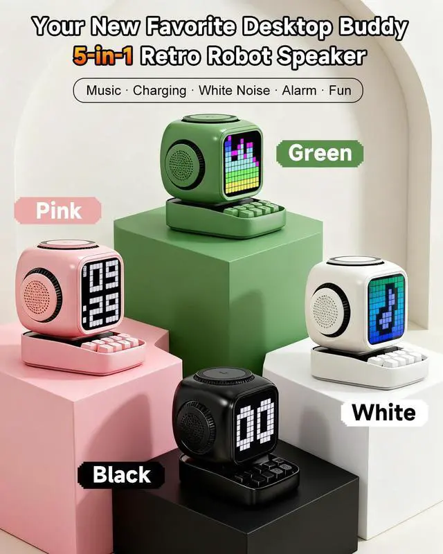 Alt view image 3 of 7 - Retro Robot 5-in-1 Bluetooth Speaker: 15W Wireless Charger, Pixel LED Screen, 10W Stereo Sound & 15 White Noise, Alarm Clock, Cute Portable Wireless Speaker for Bedroom Desk Office, Birthday Gifts