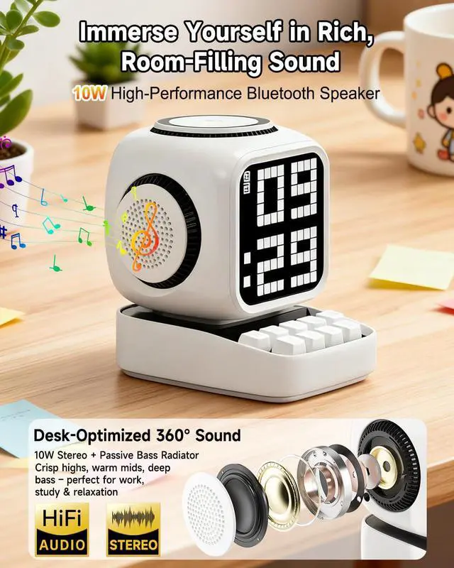 Alt view image 4 of 7 - Retro Robot 5-in-1 Bluetooth Speaker: 15W Wireless Charger, Pixel LED Screen, 10W Stereo Sound & 15 White Noise, Alarm Clock, Cute Portable Wireless Speaker for Bedroom Desk Office, Birthday Gifts