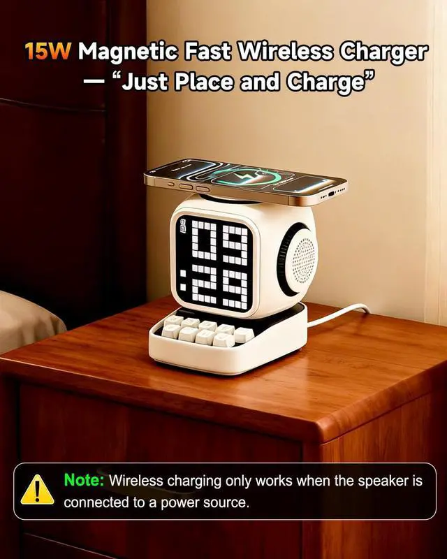 Alt view image 6 of 7 - Retro Robot 5-in-1 Bluetooth Speaker: 15W Wireless Charger, Pixel LED Screen, 10W Stereo Sound & 15 White Noise, Alarm Clock, Cute Portable Wireless Speaker for Bedroom Desk Office, Birthday Gifts
